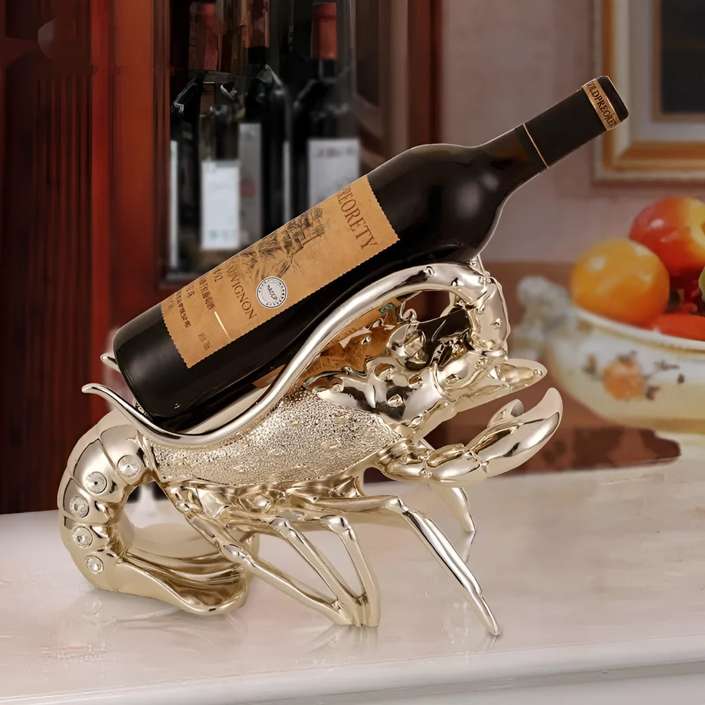 Lobster-shaped resin wine rack in silver or rose gold holding two bottles