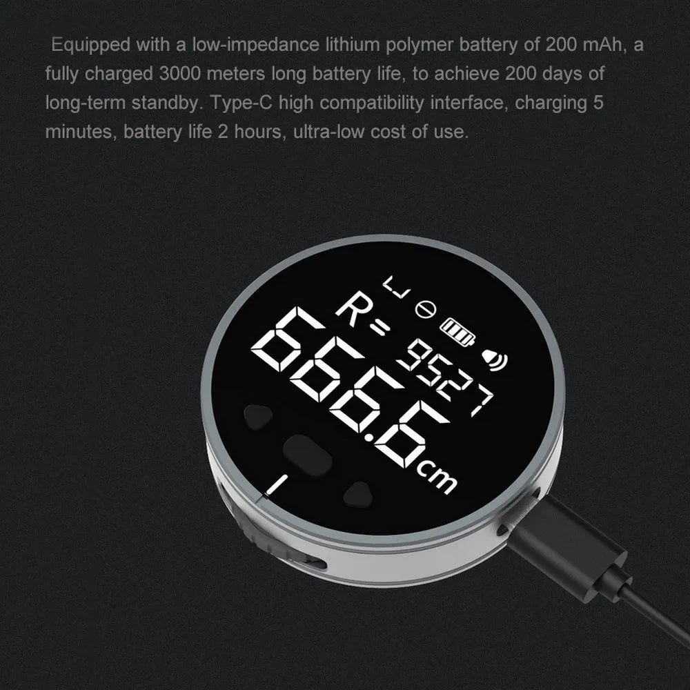 Black electronic measuring ruler with LCD screen, 53mm diameter, 35g, aluminium alloy and silicone body.