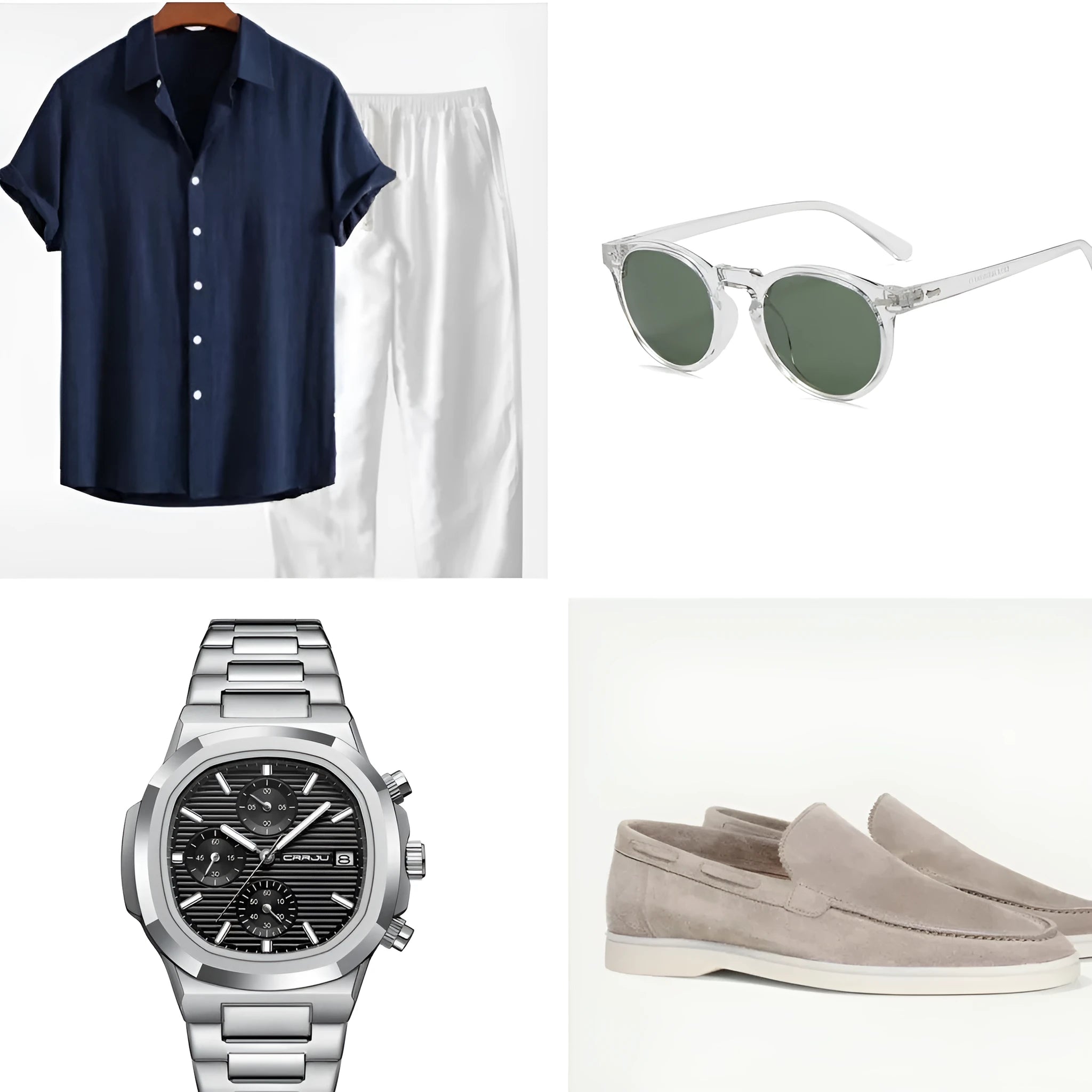 Men's casual cotton linen short sleeve suit in loose beachwear style with half sleeves and trousers