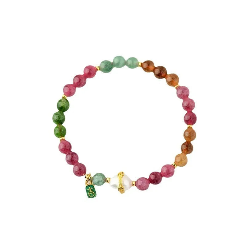 Chalcedony and tourmaline unisex crystal bracelet with 6.5mm geometry beads in colour Z054.