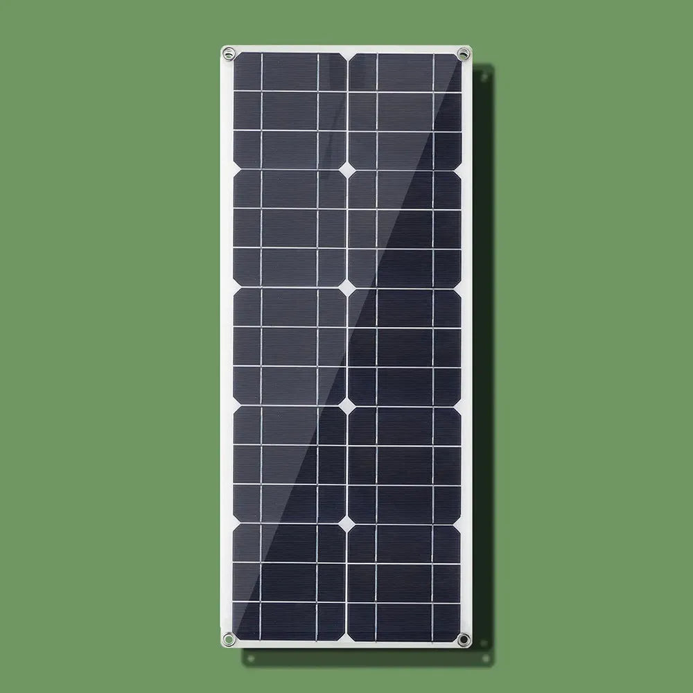 Black semi-flexible 30W solar panel showing USB charging port for outdoor use.