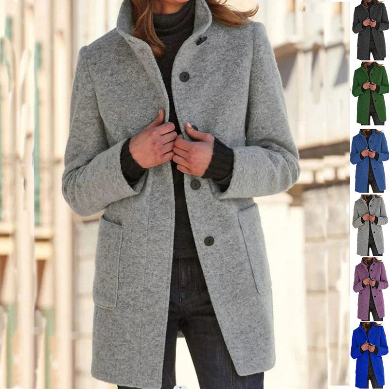 Fashionable wool coat with stand collar, pockets, and a variety of color options for casual fall and winter wear