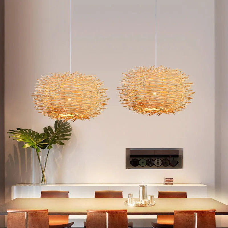 Bamboo woven bird cage chandelier, 30cm diameter, coffee colour, hanging from ceiling in a pastoral room