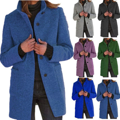 Fashionable wool coat with stand collar, pockets, and a variety of color options for casual fall and winter wear