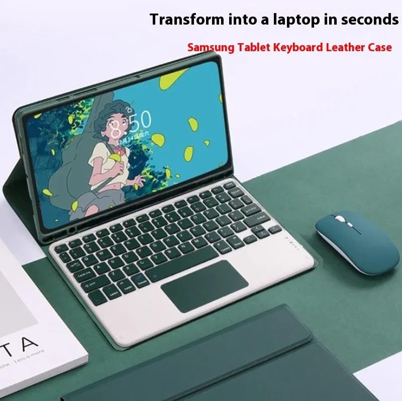 Samsung tablet inside a TPU leather case with a Bluetooth keyboard and charging mouse on a table.