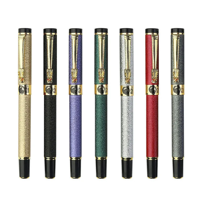 Metal fine art fountain pen with iridium nib, shown in multiple colour options including black, gold, and silver.