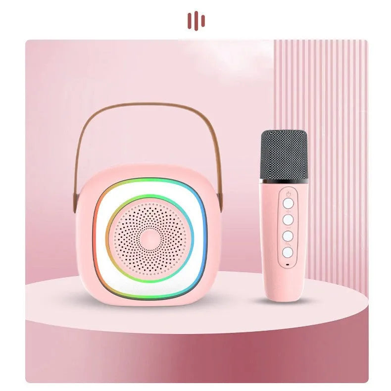 Wireless karaoke microphone with LED lights held next to its separate Bluetooth audio unit