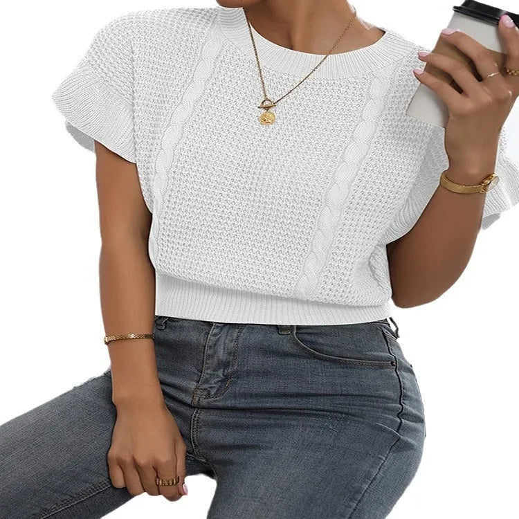 White knitted pullover sweater with twisted string ruffled short sleeves creating 3D pattern effect