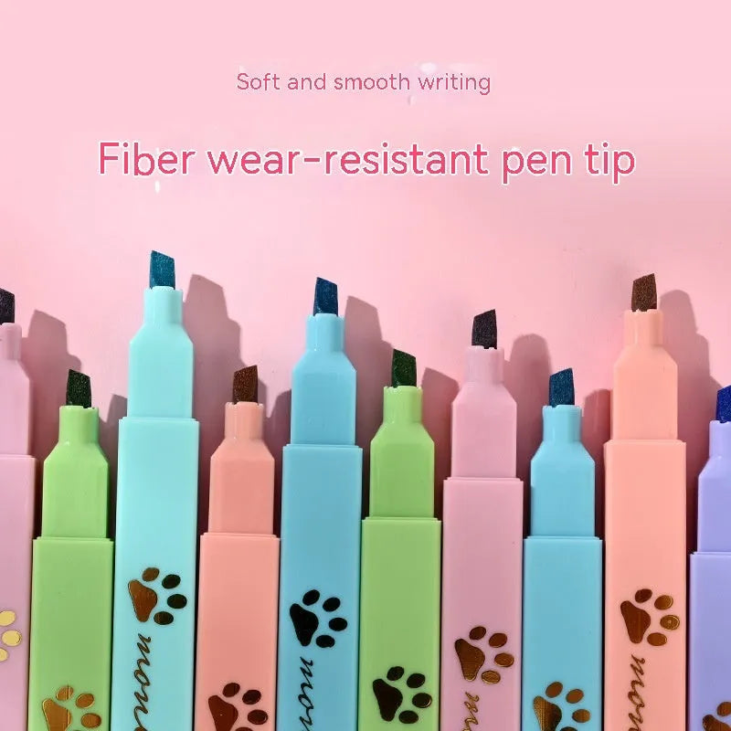 Cat's Paw fluorescent marker pen set showing six pens with oblique tips in a gift box.