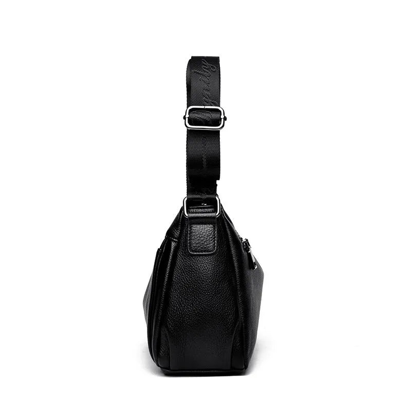 Women's black genuine leather crossbody bag with first layer cowhide, nylon lining, 27x9x22cm, single shoulder strap
