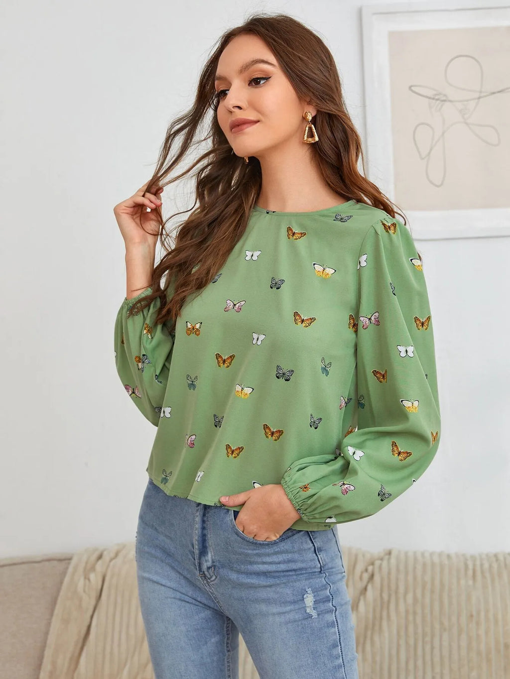 Women's long-sleeved butterfly print shirt in green and orange colour options