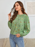 Women's long-sleeved butterfly print shirt in green and orange colour options