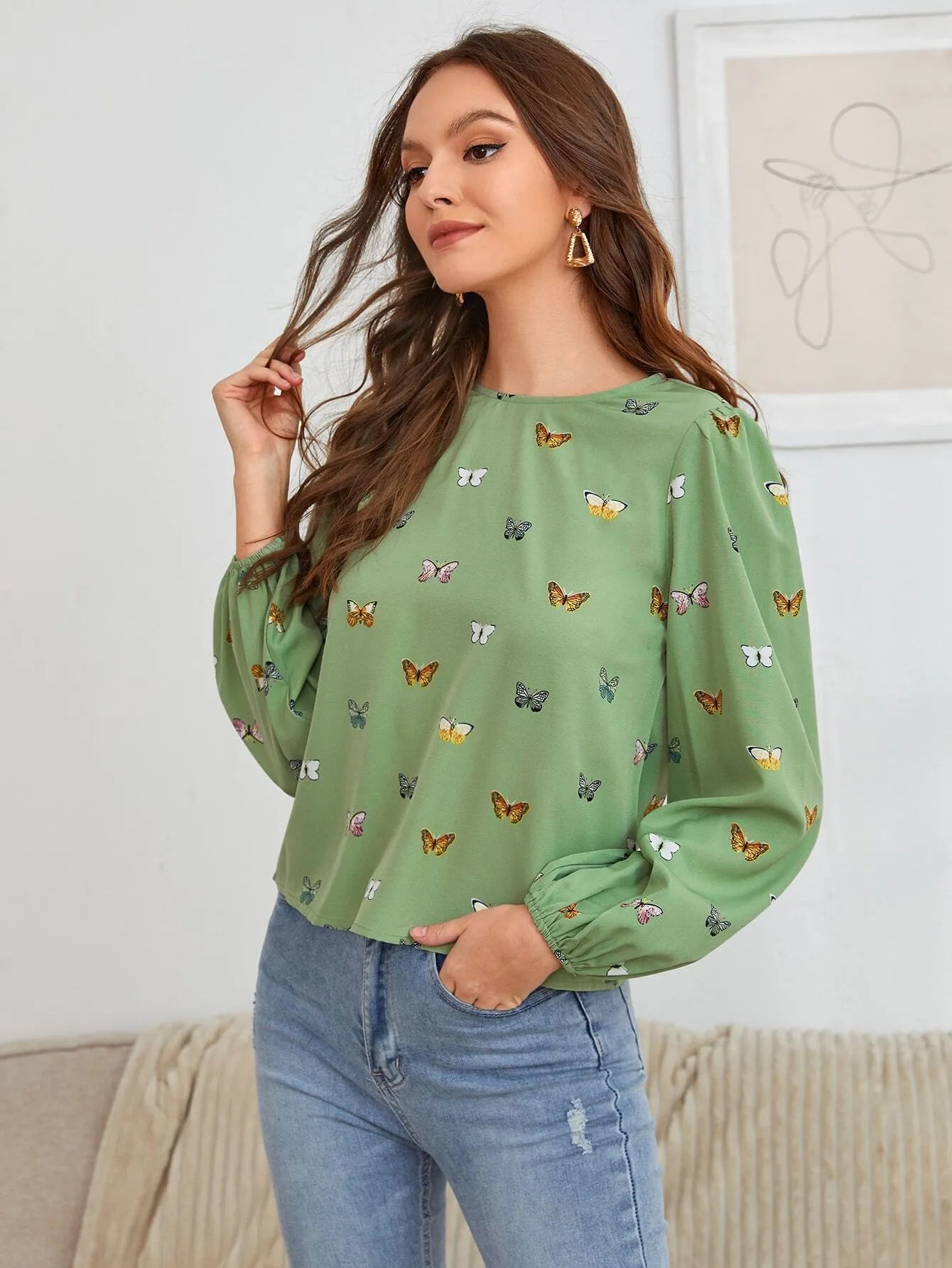 Women's long-sleeved butterfly print shirt in green and orange colour options