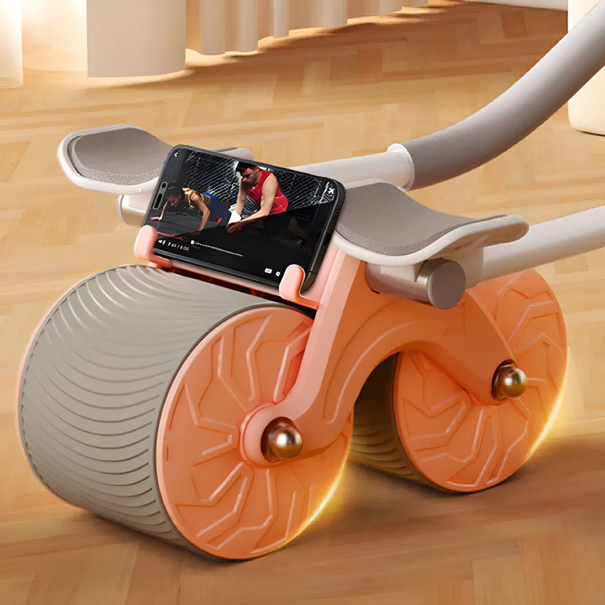 Black abdominal exercise wheel with automatic rebound mechanism next to red and black NBR yoga mat