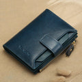 Blue genuine leather anti-theft card swiping coin purse with sewing thread detailing and zipper hasp