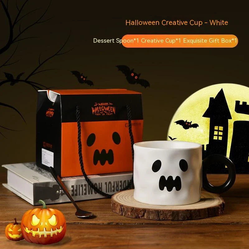 Festive Halloween pumpkin-shaped ceramic mugs in orange and white colors