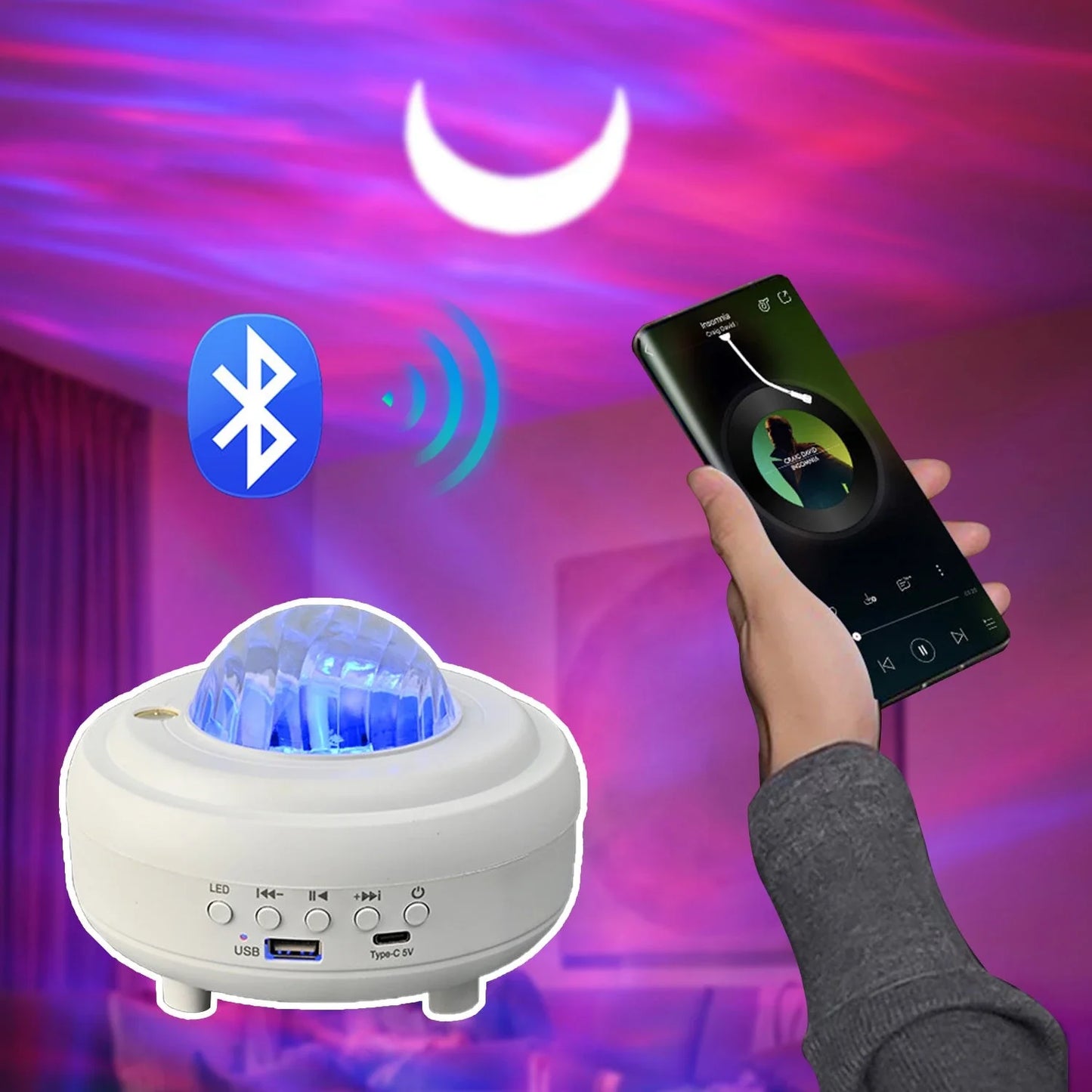 Galaxy Star Projector with Bluetooth audio, creating a mesmerizing starry night sky display in a cozy home setting