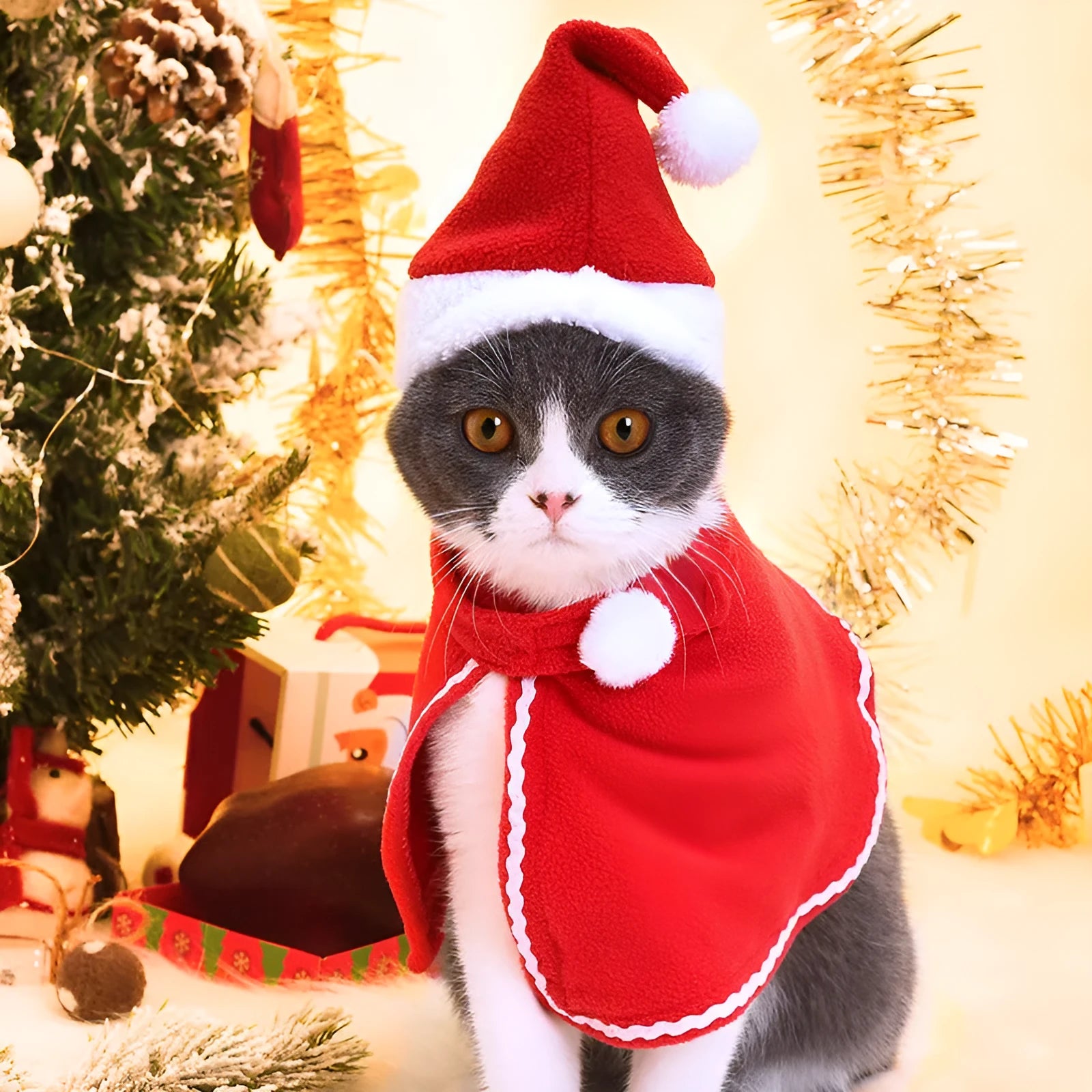 Red polyester pet Christmas suit with hat and cloak for cats and dogs, woven plain weave, embossing, sizes S M L