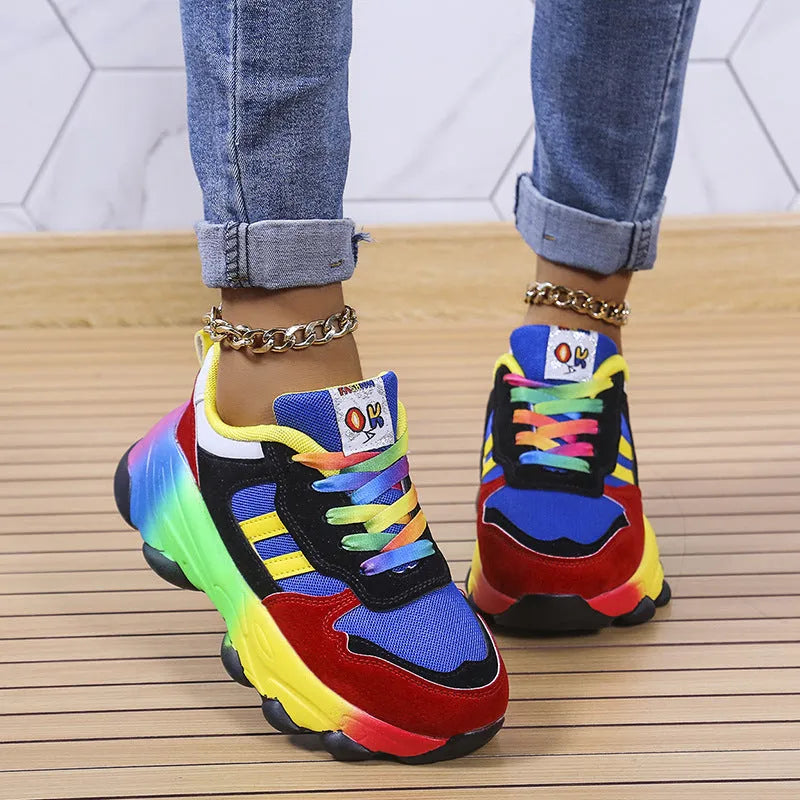 Women's thick sole front lace-up sneakers in colour block green and blue with round toe and rubber sole