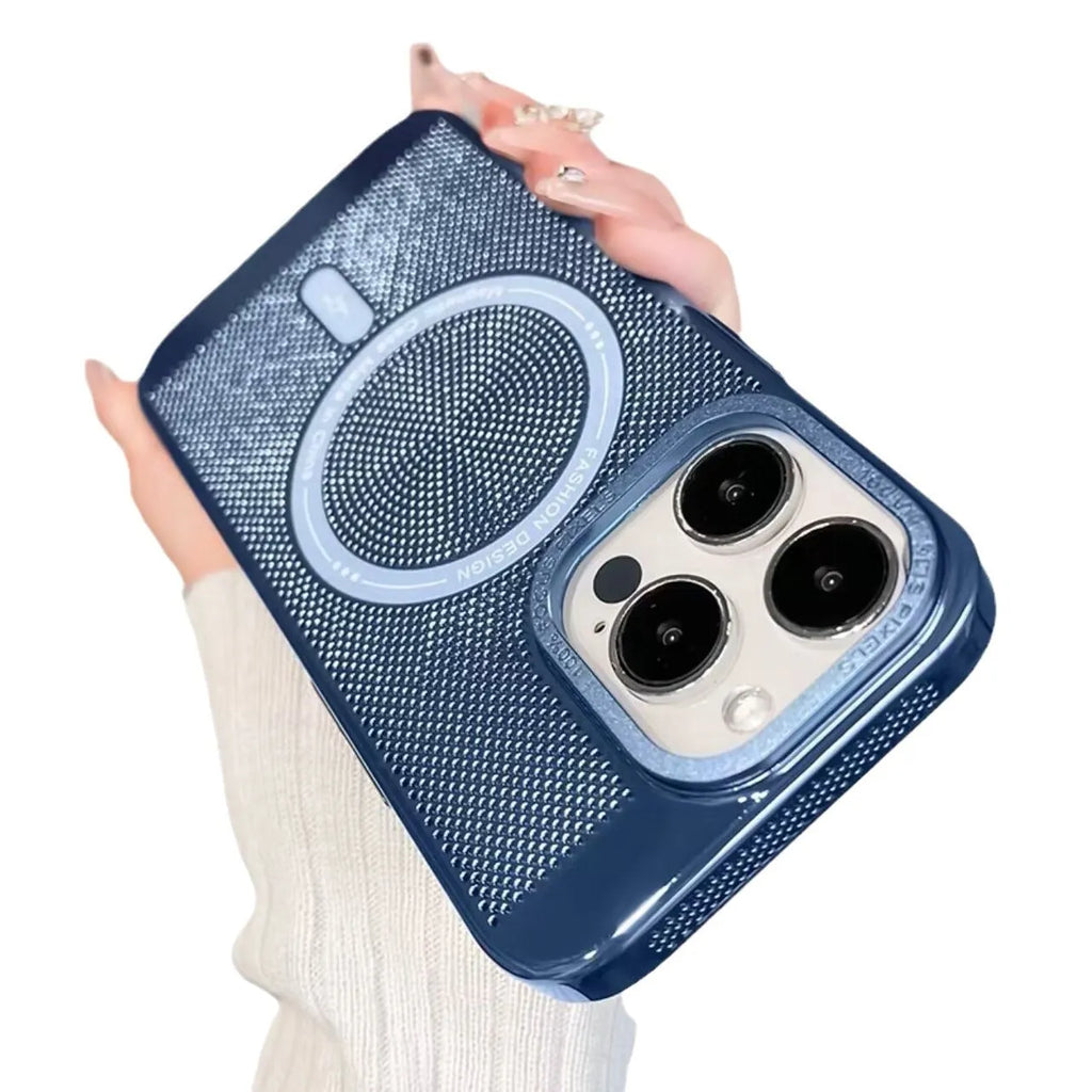 Electroplating magnetic phone case for iPhone models showing heat dissipation design and colour options