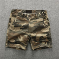 Cotton workwear shorts in camouflage pattern with zip fly and mid-waist fit