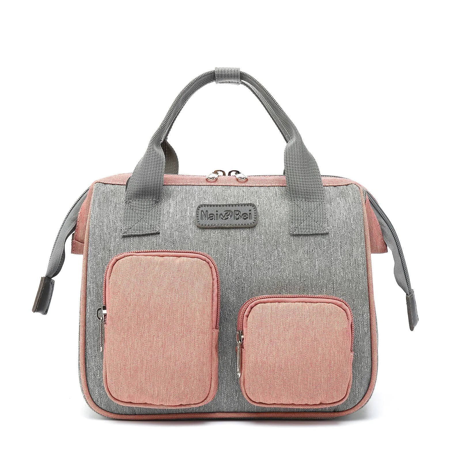 Large grey women's handbag made from Oxford cloth with an external pocket.