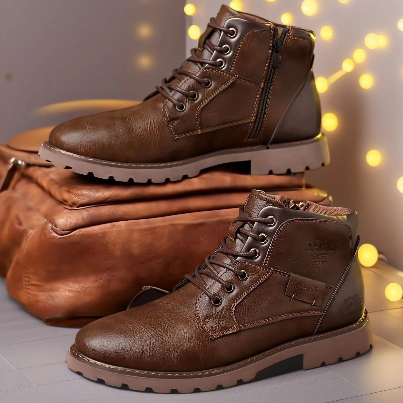 Men's brown ankle boot with a side zip fastening and round toe on a rubber sole.