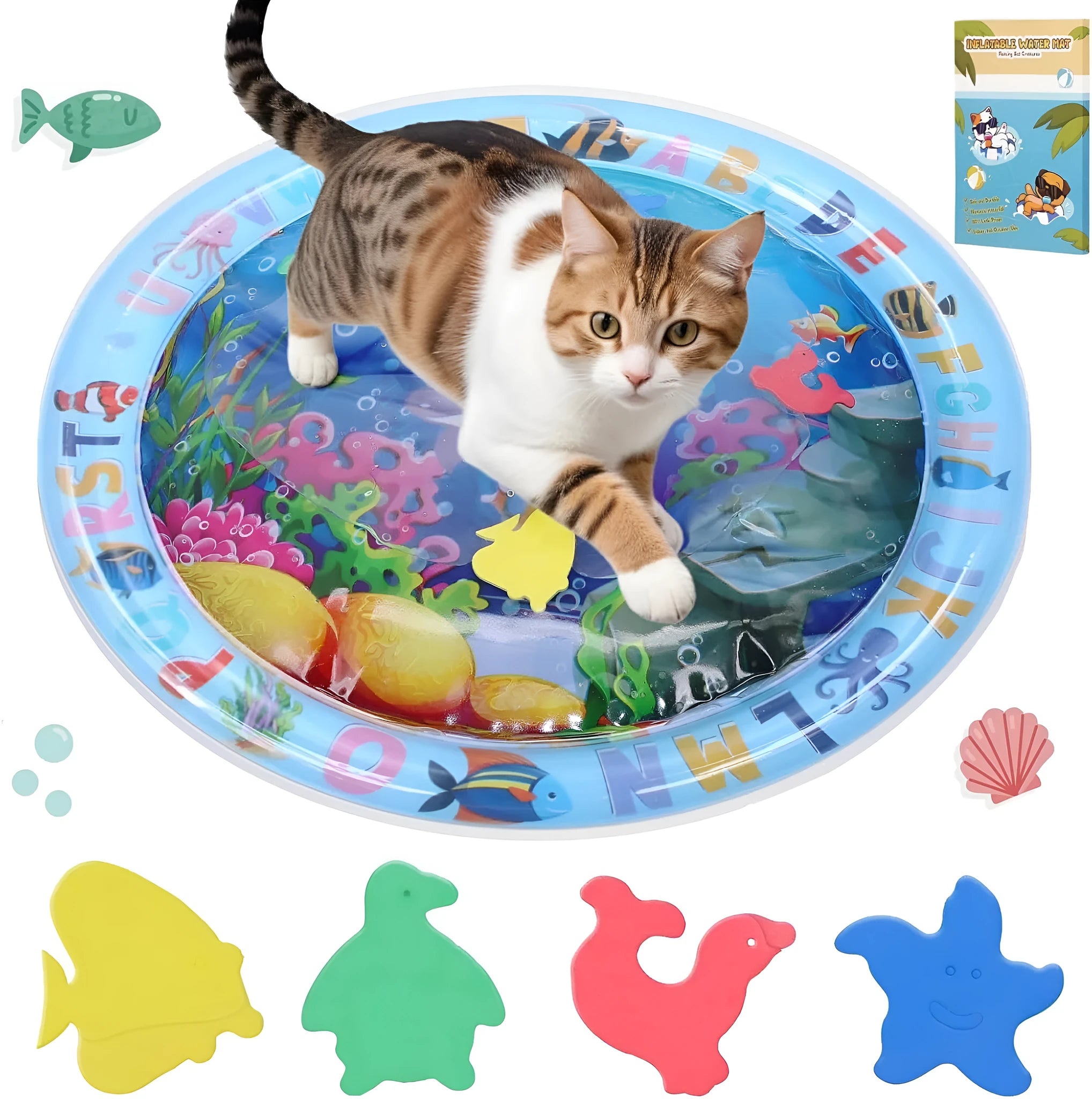 Thickened PVC water playmat for cats and dogs on a floor, showing floating fish toys inside.
