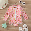 Girls' floral zipper romper swimsuit in pink with front zipper and brief-style bottom
