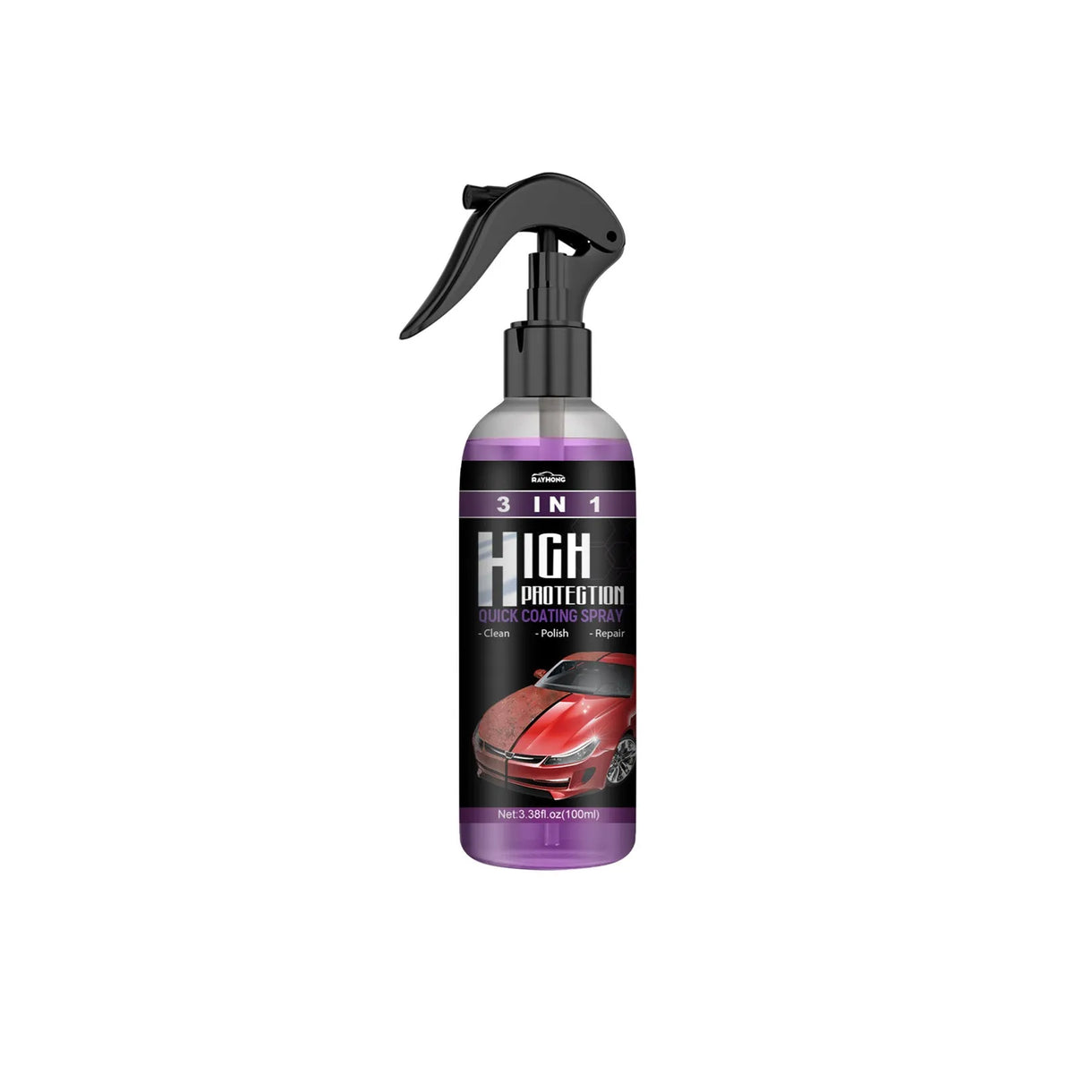3-in-1 high protection car paint spray coating agent in 30ml and 100ml PE bottles with clear spray nozzle