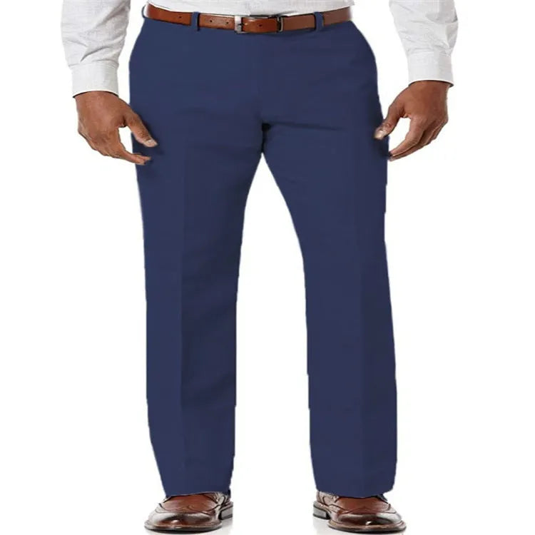 Men's beige white linen-cotton trousers with slant pockets laid flat.