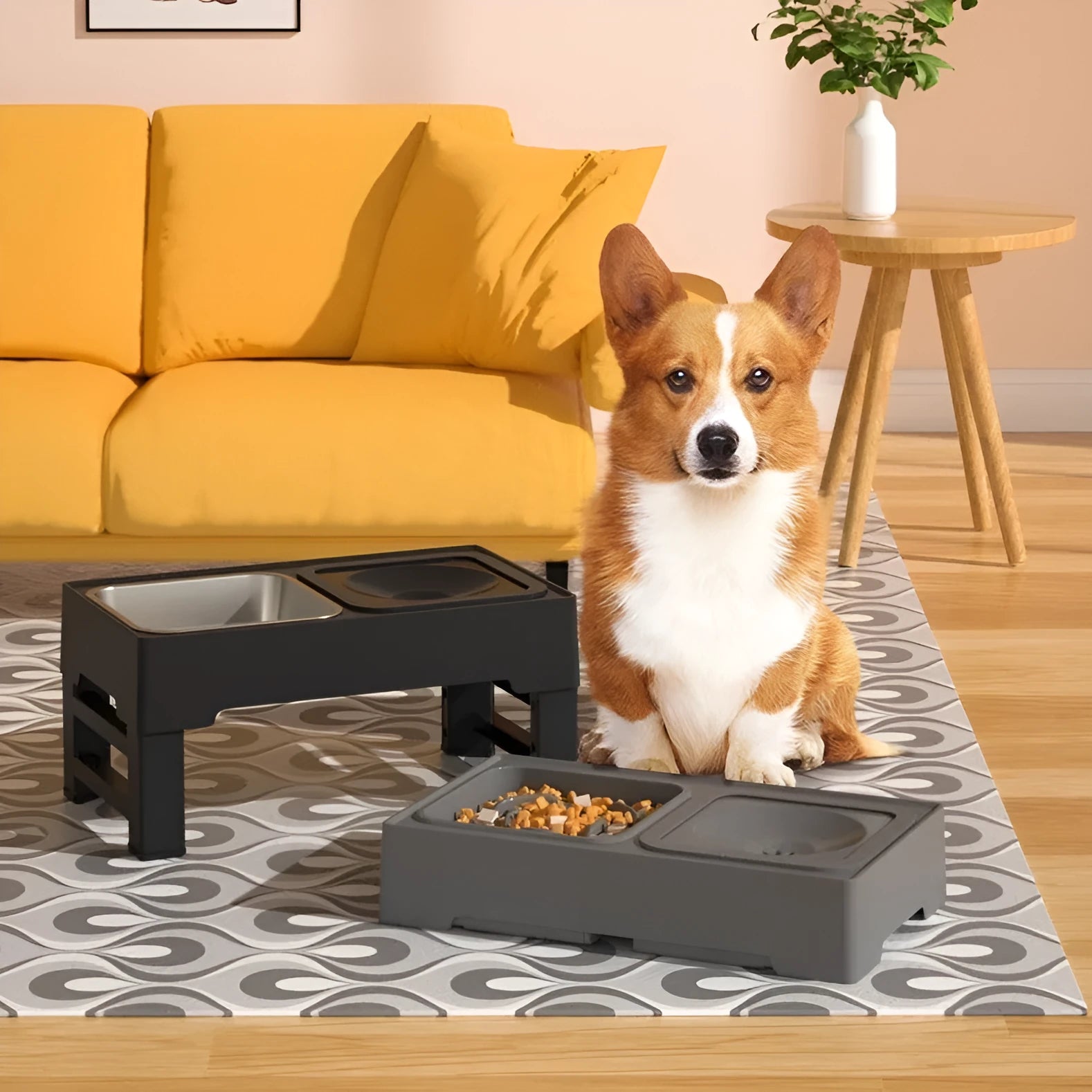 Adjustable height black and grey plastic dog feeder stand with two stainless steel bowls at medium setting