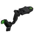 Rotating smartphone mount bracket clipped onto a car rearview mirror, showing left and right adjustment.
