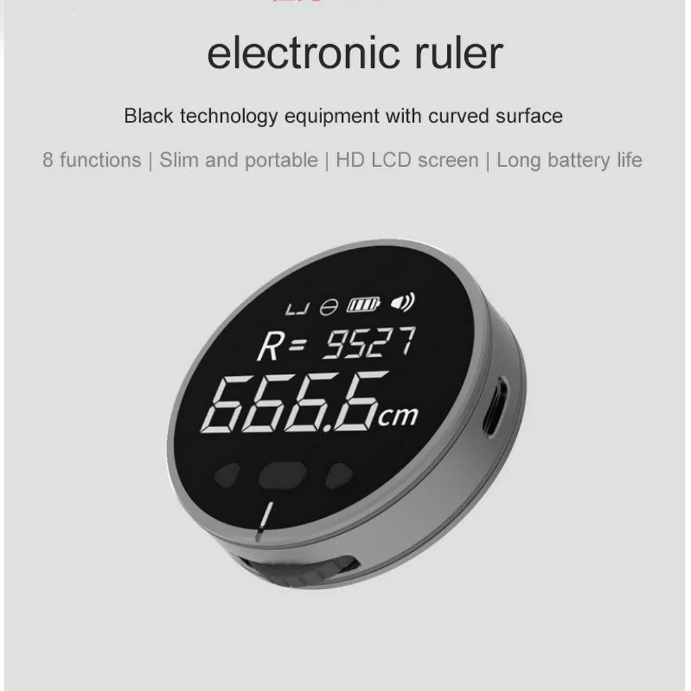 Black electronic measuring ruler with LCD screen, 53mm diameter, 35g, aluminium alloy and silicone body.
