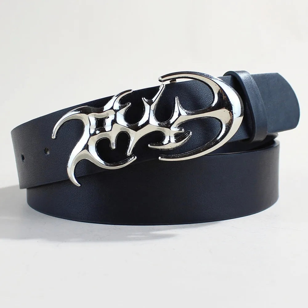 Casual silver buckle PU leather belt with snap button fastening, shown at 105cm length.
