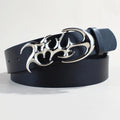 Casual silver buckle PU leather belt with snap button fastening, shown at 105cm length.
