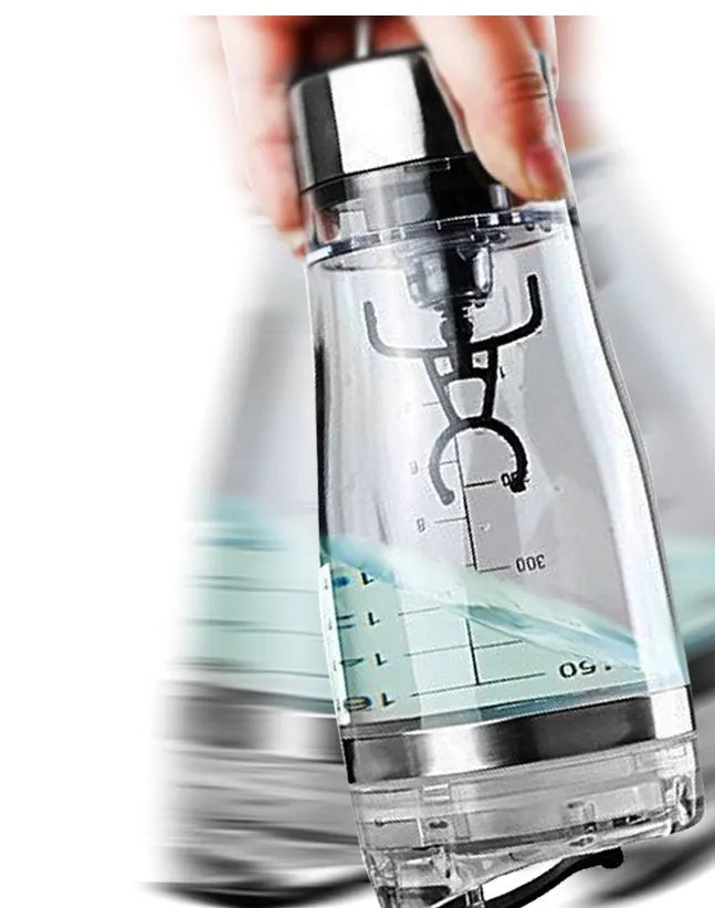 Stainless steel colour USB rechargeable electric blender bottle with motorised lid and 600ml capacity.