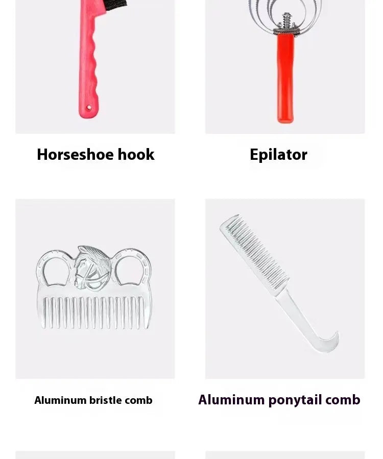 Ten-piece horse grooming kit showing brushes, aluminium combs, and storage bag for equestrian care