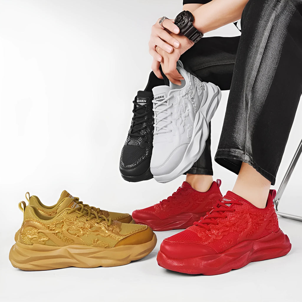 Fly knit casual sneakers in Chinese dragon colourway with micro fibre uppers and rubber soles