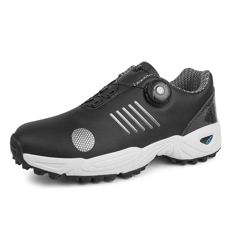 Men's rotating shoelace sports shoes in black, grey, or white, mesh upper, rubber sole, sizes 40-46.