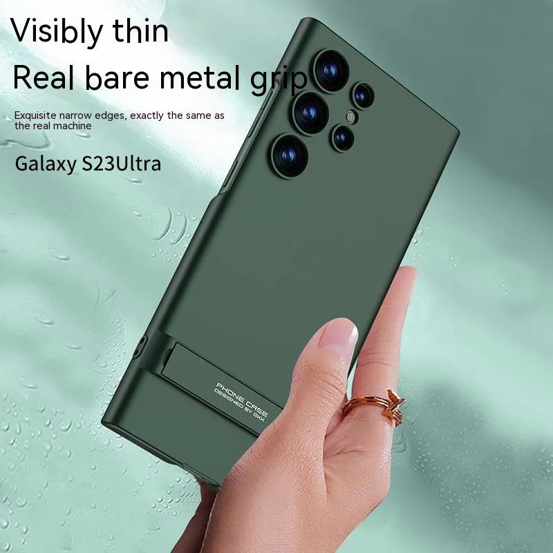 Ultra-thin frosted PC Samsung S23 phone case with fold-out bracket in Cool Black