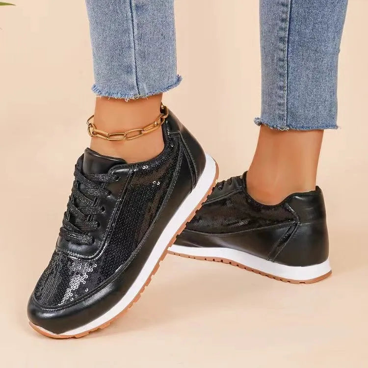 Women's thick-soled casual sneakers in PU leather with square toe design in black, champagne, and silver colours