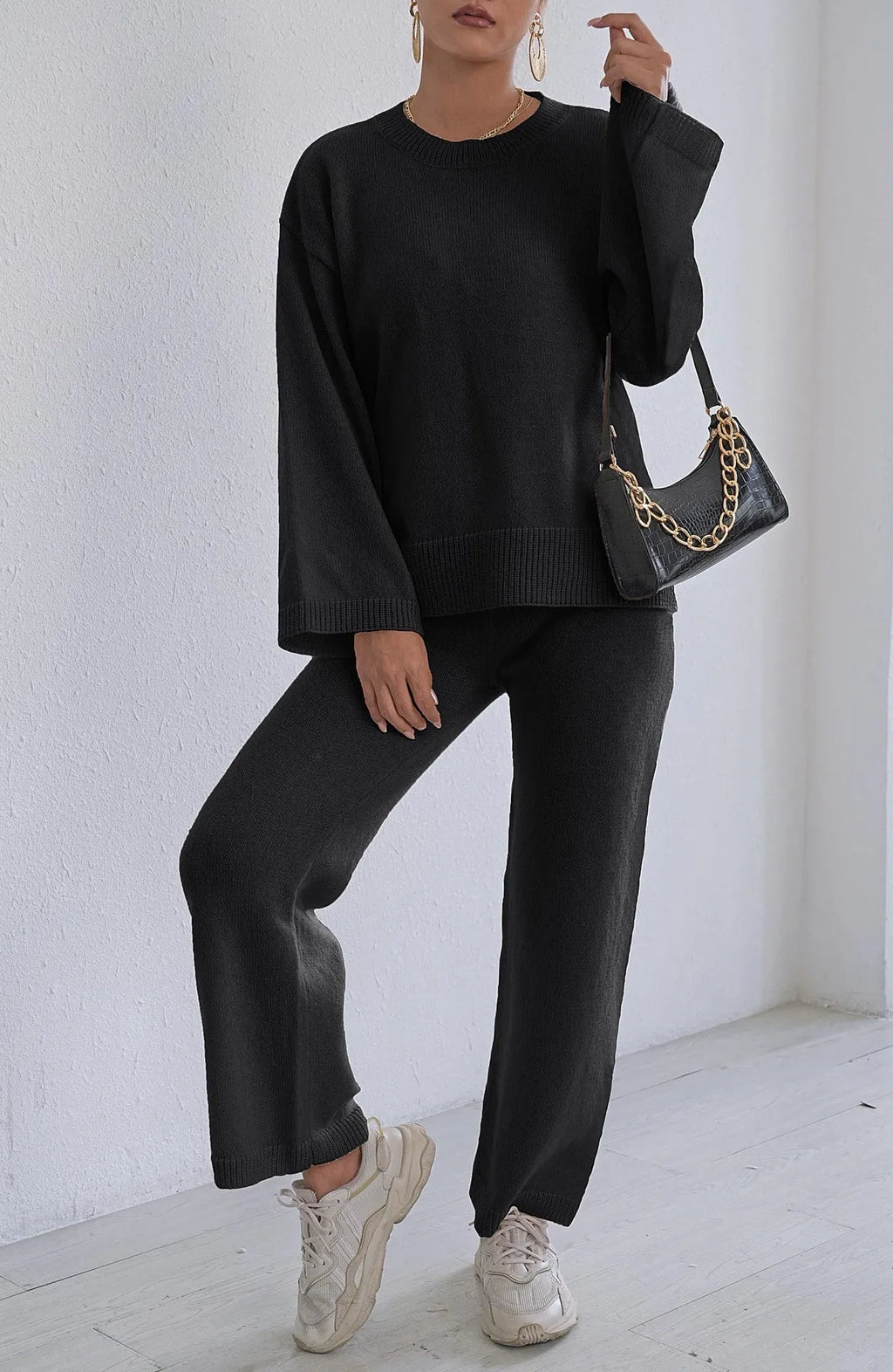 Women's two-piece loose pullover sweater and wide leg trousers set in deer plush fabric, beige suit option
