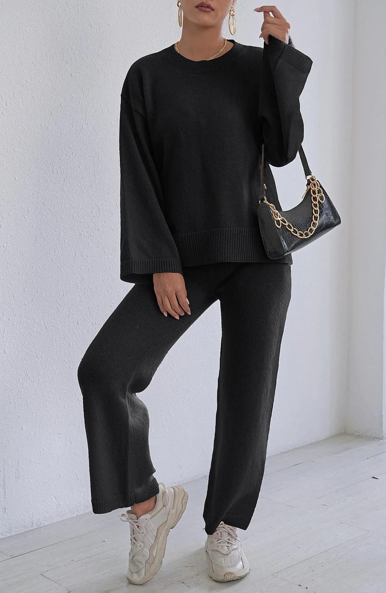 Women's two-piece loose pullover sweater and wide leg trousers set in deer plush fabric, beige suit option