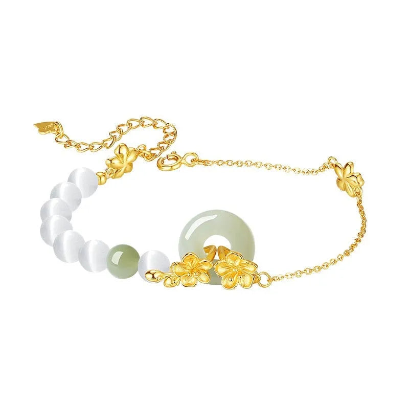Pure silver peach blossom bracelet with safety buckle clasp in new Chinese style design