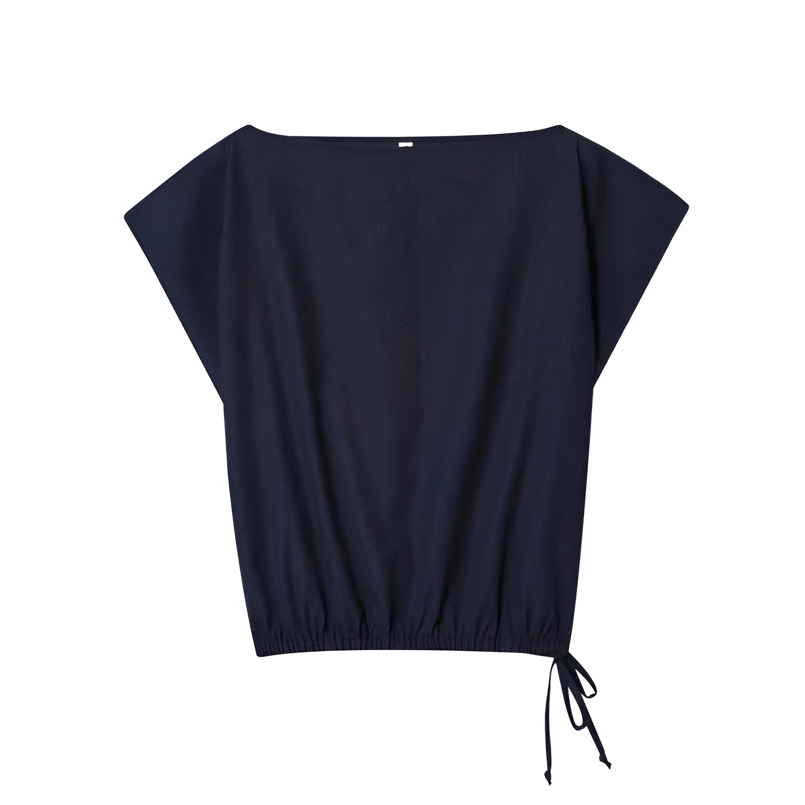 Women's linen-look shirt with off-neck and flounced sleeves paired with wide leg trousers