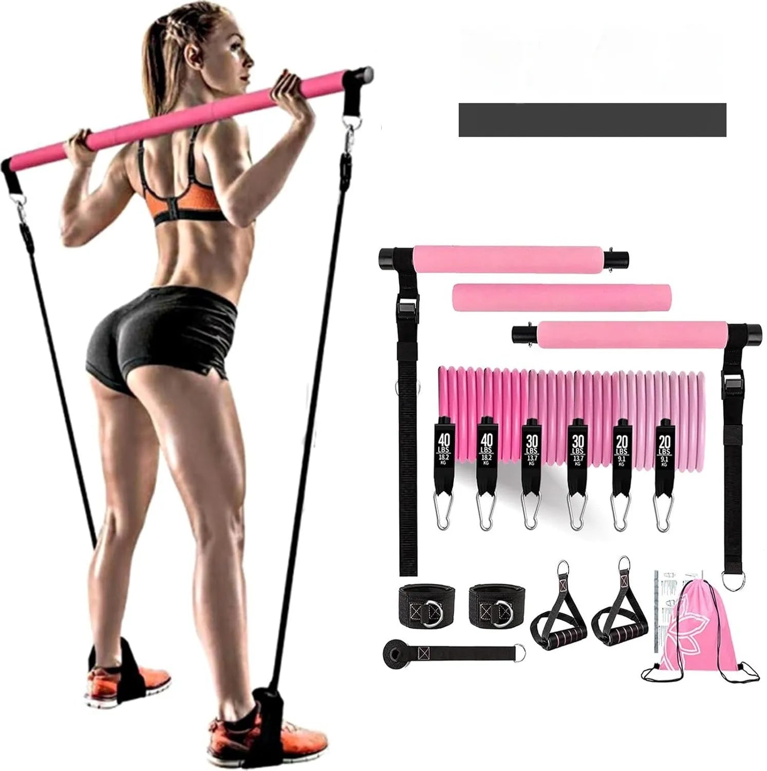 Yoga gymnastic bar with 180 pound TPE resistance band pull rope set in black or pink colours