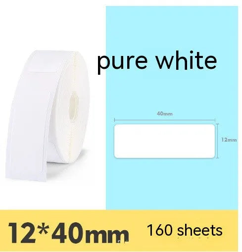 D11 waterproof thermal paper labels in white, green, blue, pink, and yellow sizes 12x30mm and 12x40mm