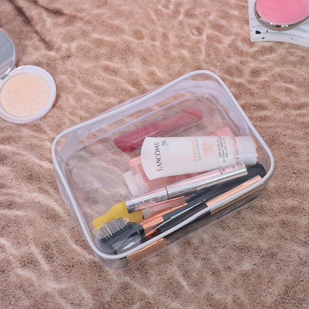 PVC transparent makeup bag set in three colours with semi-transparent design showing contents