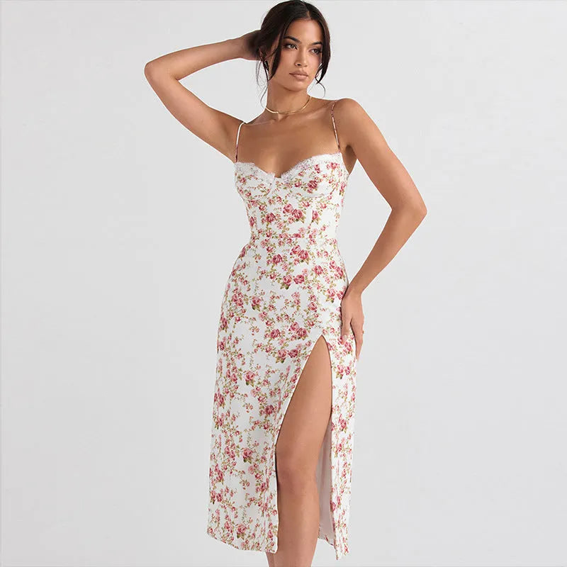 Women's blue lace flowers print maxi dress with suspender straps and a side slit.